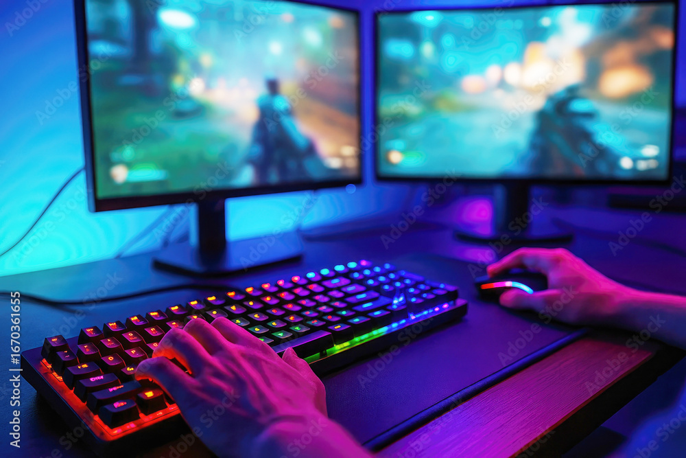 Poster gamer's hands on rgb keyboard and mouse with dual monitors showing video game action gaming