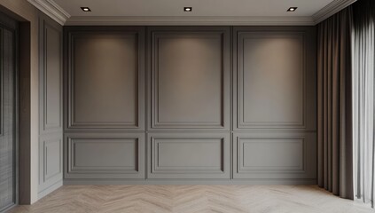 Fototapeta premium A modern interior showcasing neutral gray walls with elegant paneling, complemented by soft curtains and a wooden floor, exuding sophistication and minimalism.