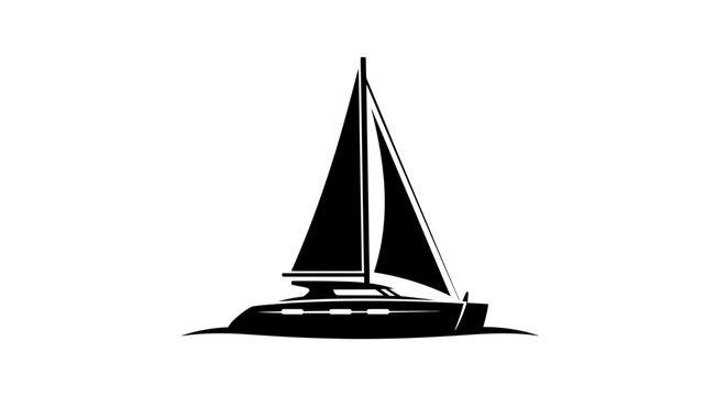Black silhouette icon of a catamaran with dual hulls and a sail.