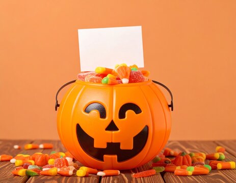 Halloween pumpkin bucket filled with candies.