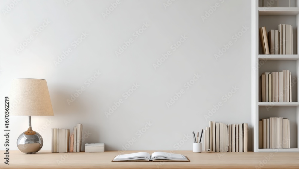 Aufkleber a minimalist workspace featuring an open book, a lamp, and neatly arranged books on a shelf, creatin