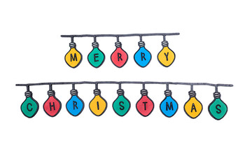 Merry Christmas poster, written in colored lights, on isolated white background