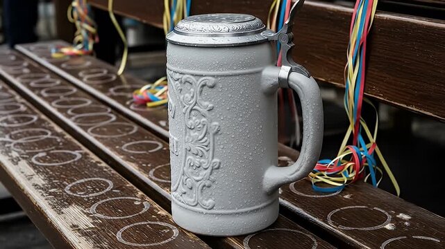 Detailed stone beer stein with ornate carvings resting on a weathered wooden bench