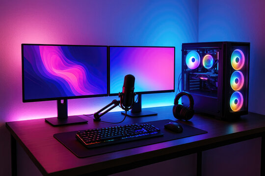 Gaming setup with dual monitors, RGB illuminated computer tower, keyboard, mouse, microphone, and headphones