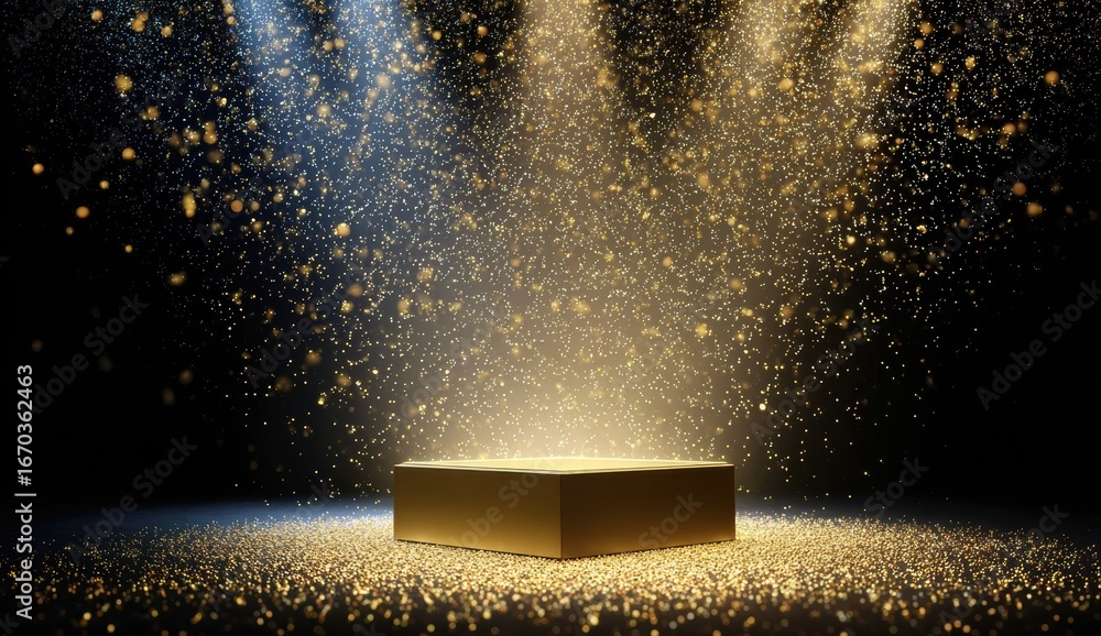Poster a golden box illuminated by shimmering light, surrounded by sparkling particles, creates a magical a