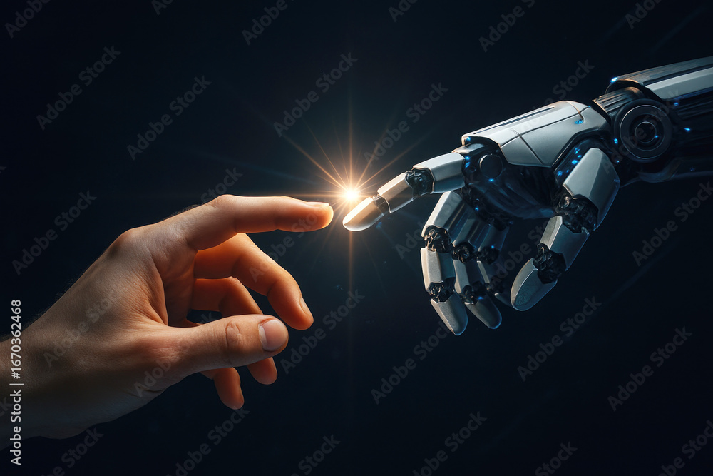 Poster human and robot hands reaching towards each other with glowing light keywords: human hand, robot han