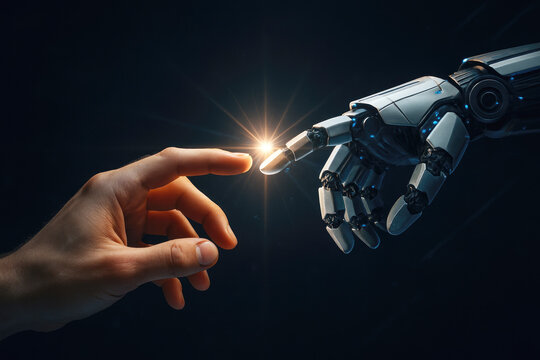 Human and Robot Hands Reaching Towards Each Other with Glowing Light Keywords: human hand, robot hand, artificial intelligence, technology, future, connection, interaction, innovation, science