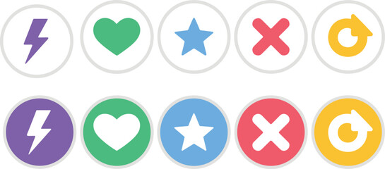Colorful round icon set with lightning bolt, heart, star, cross, and refresh symbols in flat design style for user interface elements
