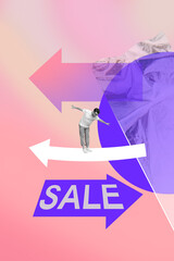 Banner 3d sketch image trendy collage of astonished man jump sale low price addiction black friday...
