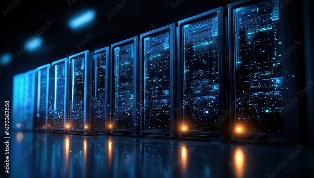 Poster a futuristic server room with glowing data servers, showcasing advanced technology and digital conne