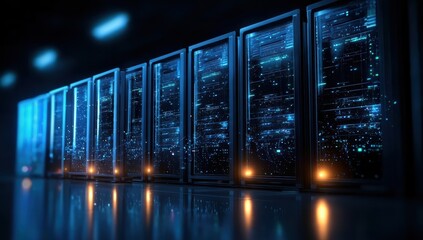 A futuristic server room with glowing data servers, showcasing advanced technology and digital connections in a dark environment.