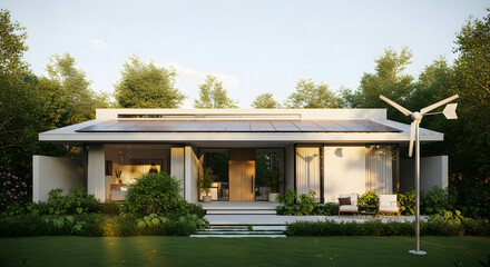 Fototapeta premium Eco-Friendly Modern House with Solar Panels and Wind Turbine in a Green Landscape