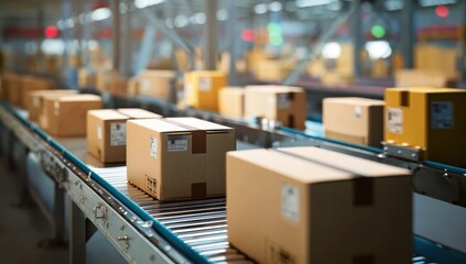 Packages moving along a conveyor belt in a modern warehouse, showcasing an efficient logistics and distribution environment.
