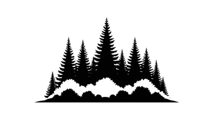 Obraz premium Black silhouette icon of a forest scene with fir trees and bushes.