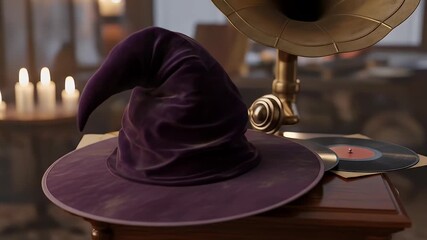 Velvet witch hat sits on a wood phonograph with records in a warmly lit vintage room