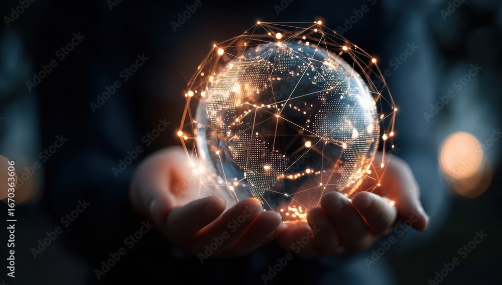 Poster a glowing globe held in hands, symbolizing connectivity and global networks with intricate lines and