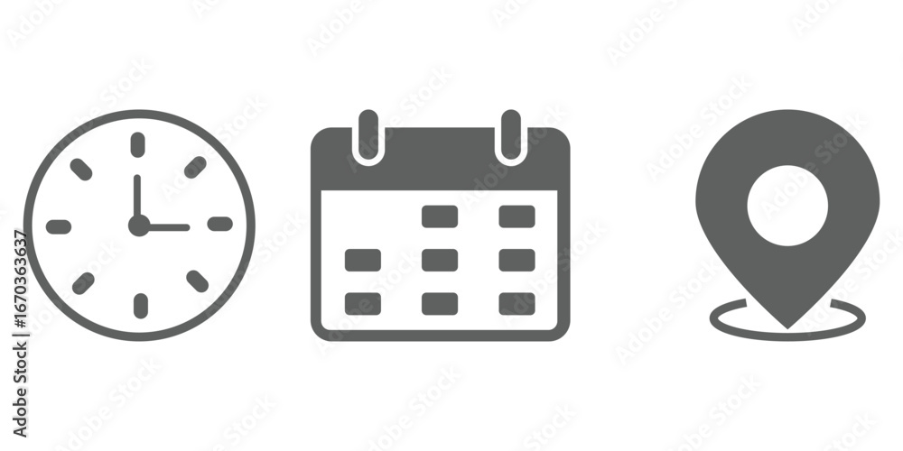 Poster time date address icon set collection vector illustration. event icons vector. location, calendar & 