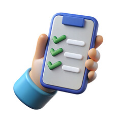 Cartoon hand holding a checklist on a phone isolated on white isolated on transparent background