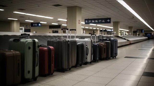 Luggage lined up near an airport baggage claim conveyor belt, waiting to be retrieved