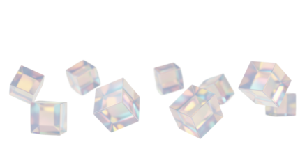 Pristine iridescent holographic cubes in soft pastel pink, blue, yellow, with reflections on a transparent background, soft blurry bokeh, sharp focus. Abstract concept of future technology