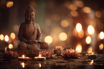 Fototapeta premium Buddha statue sits serenely amidst lotus flowers and warm candlelight, promoting peace and meditation