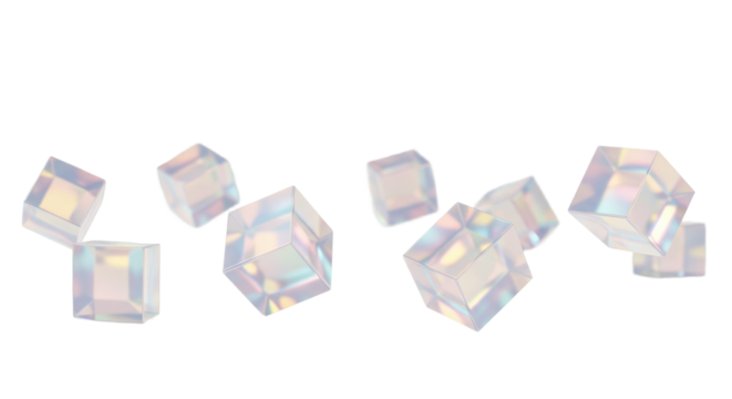 Pristine iridescent holographic cubes in soft pastel pink, blue, yellow, with reflections on a transparent background, soft blurry bokeh, sharp focus. Abstract concept of future technology