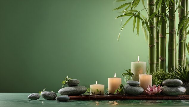 Burning candles, bamboo stalks, balanced rocks, and small plants rest serenely on a mat