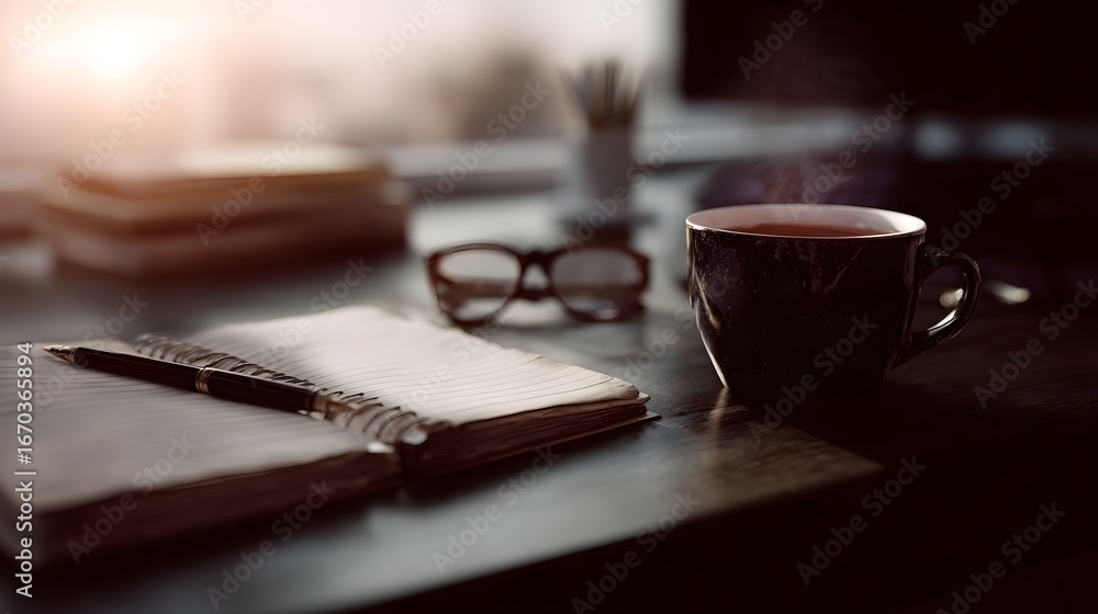 Poster a productive work setup on an office desk long title a focused and organized desk setup with a noteb