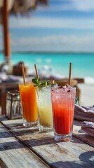 Enjoy a vibrant beach scene with refreshing tropical cocktails on a sunny day.