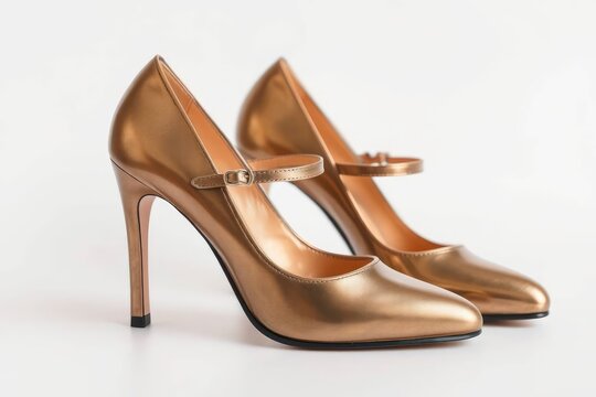 Two shiny gold Mary Jane high heels one slightly behind the other on a plain white background