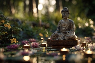 Carved buddha sits in serene contemplation surrounded by lotus blossoms and glowing candles on water