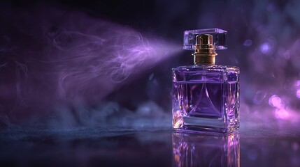 Clear, elegant perfume bottle sprays a burst of violet fragrance against a misty backdrop