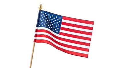 American flag waving on a flagpole, isolated on white background