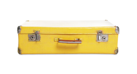 One yellow suitcase isolated on white. Used stuff
