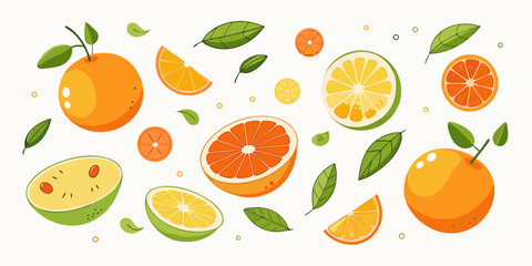 Set hand-drawn, colorful citrus fruits. Modern abstract minimal style. Vector flat illustration.