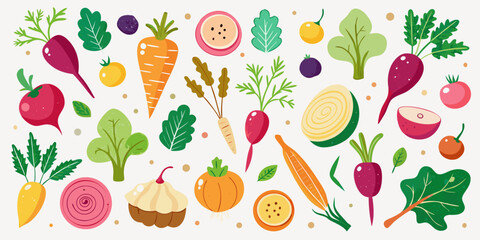 Set hand-drawn, colorful root vegetables. Modern abstract minimal style. Vector flat illustration.