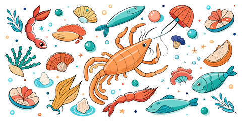 Set hand-drawn, colorful seafood. Modern abstract minimal style. Vector flat illustration.