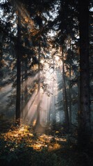 Fototapeta premium Sunlight filters through trees, creating a magical, light-filled forest scene.
