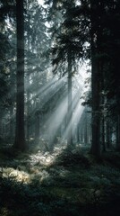 Obraz premium Sunlight filters through a misty forest, creating a magical, serene atmosphere.