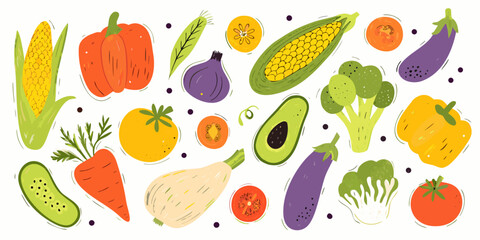 Set hand-drawn, colorful vegetables. Modern abstract minimal style. Healthy organic food.  Vector flat illustration.