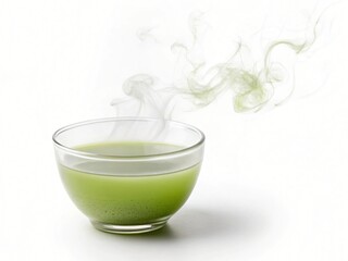 Steaming cup of green tea on white background A clear glass contains a light green beverage