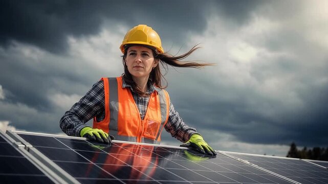 Professional solar panel installation woman with windblown hair looking confidently at camera during renewable energy project