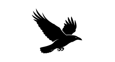 Fototapeta premium Black silhouette icon of a raven flying with a curved wing.