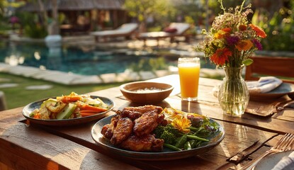 Delicious glazed chicken wings and fresh vegetables served with juice by an inviting swimming pool