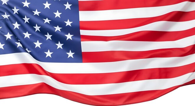Closeup of the american flag waving, isolated on white background, showcasing stars and stripes in patriotic detail