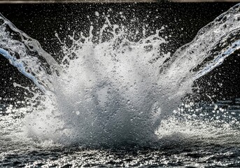 Two streams of water collide creating a central splash with droplets against a dark background and reflecting light off a rippled surface