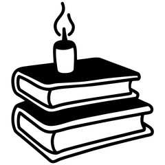 “Stack of old leather books with candlelight glow”