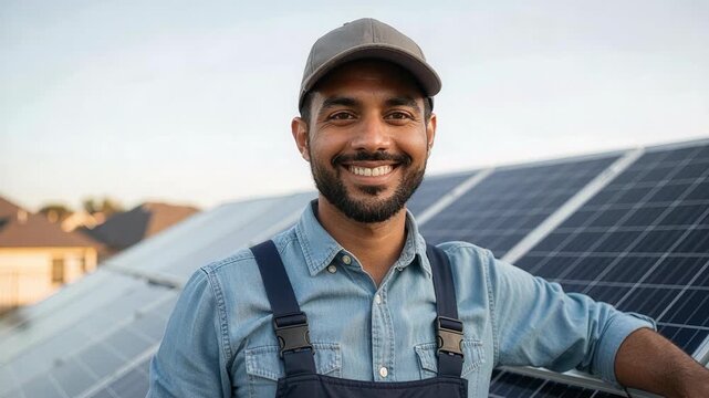 Smiling solar panel installation specialist man looking directly at camera during professional renewable energy service work