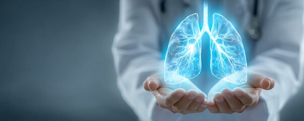 Digital human lungs are displayed by healthcare professional in sterile medical setting with lab coat