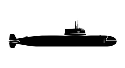 Fototapeta premium Black Silhouette Icon A silhouette of a nuclear submarine cruising underwater with stabilizer fins